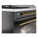 ILVE Nostalgie II 48-Inch Propane Gas Dual Fuel Range with 5 Burners, Griddle, & French Top with Triple Glass Door Oven in Glossy Black with Brass Trim (UP48FSNMPBKGLP)