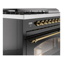 ILVE Nostalgie II 48-Inch Natural Gas Dual Fuel Range with 5 Burners, Griddle, & French Top with Triple Glass Door Oven in Glossy Black with Brass Trim (UP48FSNMPBKG)