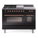 ILVE Nostalgie II 48-Inch Natural Gas Dual Fuel Range with 5 Burners, Griddle, & French Top with Triple Glass Door Oven in Glossy Black with Copper Trim (UP48FSNMPBKP)