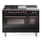 ILVE Nostalgie II 48-Inch Natural Gas Dual Fuel Range with 5 Burners, Griddle, & French Top with Triple Glass Door Oven in Glossy Black with Copper Trim (UP48FSNMPBKP)