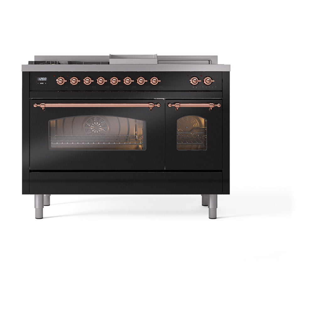 Glossy black range with copper control knobs and two glass oven doors, front view