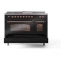 ILVE Nostalgie II 48-Inch Propane Gas Dual Fuel Range with 5 Burners, Griddle, & French Top with Triple Glass Door Oven in Glossy Black with Copper Trim (UP48FSNMPBKPLP)