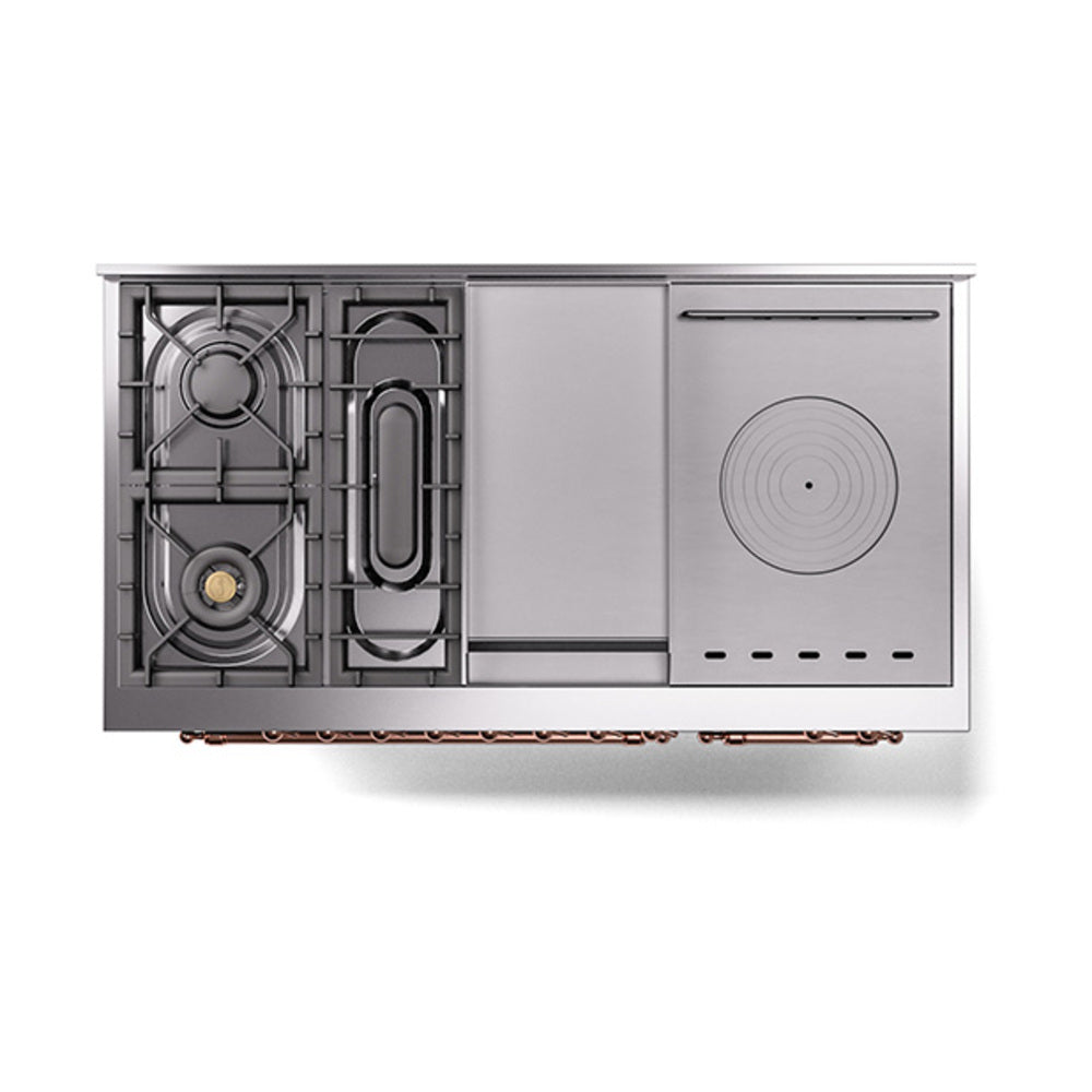 Back view of dual fuel range with exposed burner components and vented rear panel