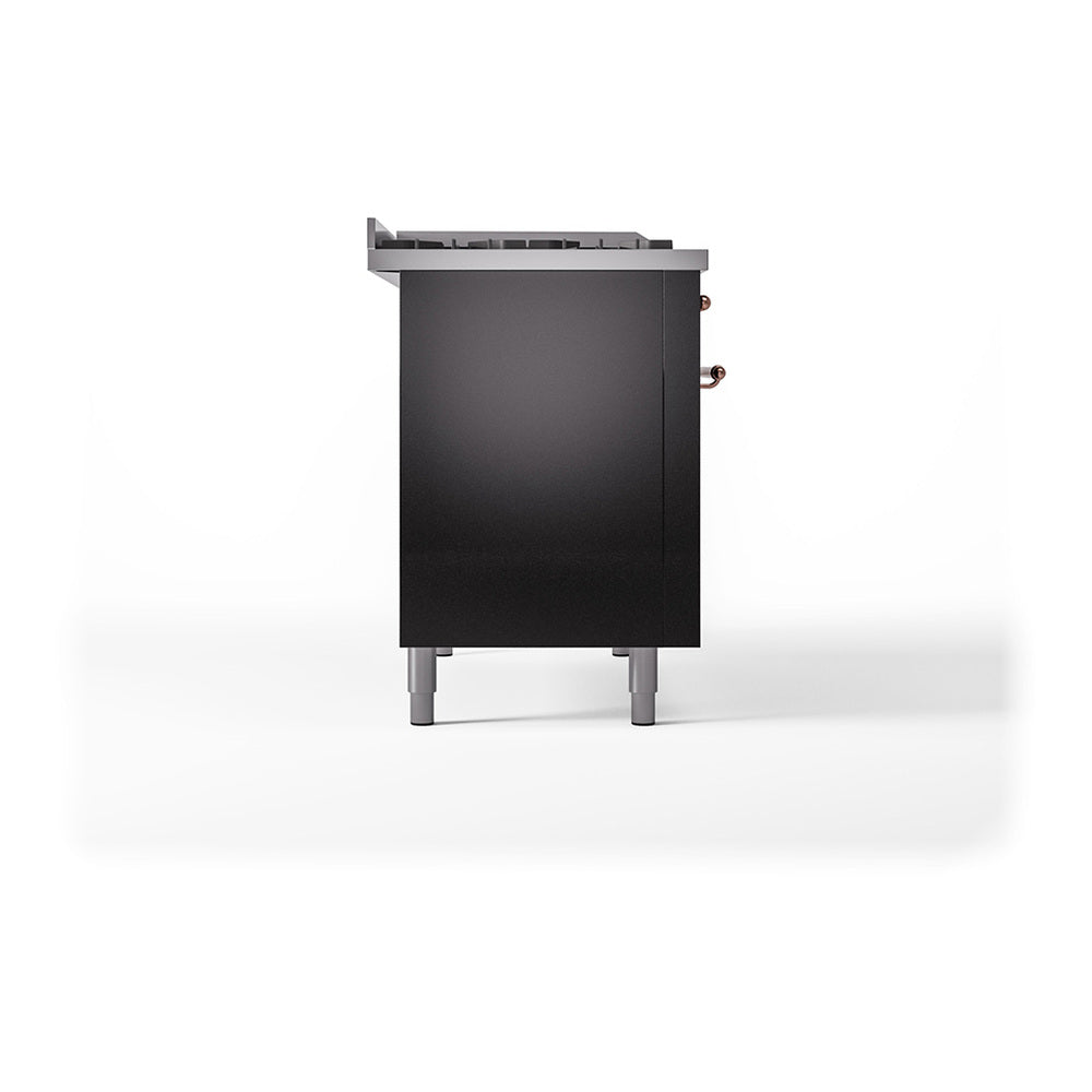 Side view of glossy black gas range with copper side fittings and stainless top