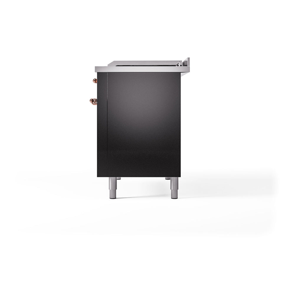 Glossy black gas range with copper-trim accents and stainless top panel
