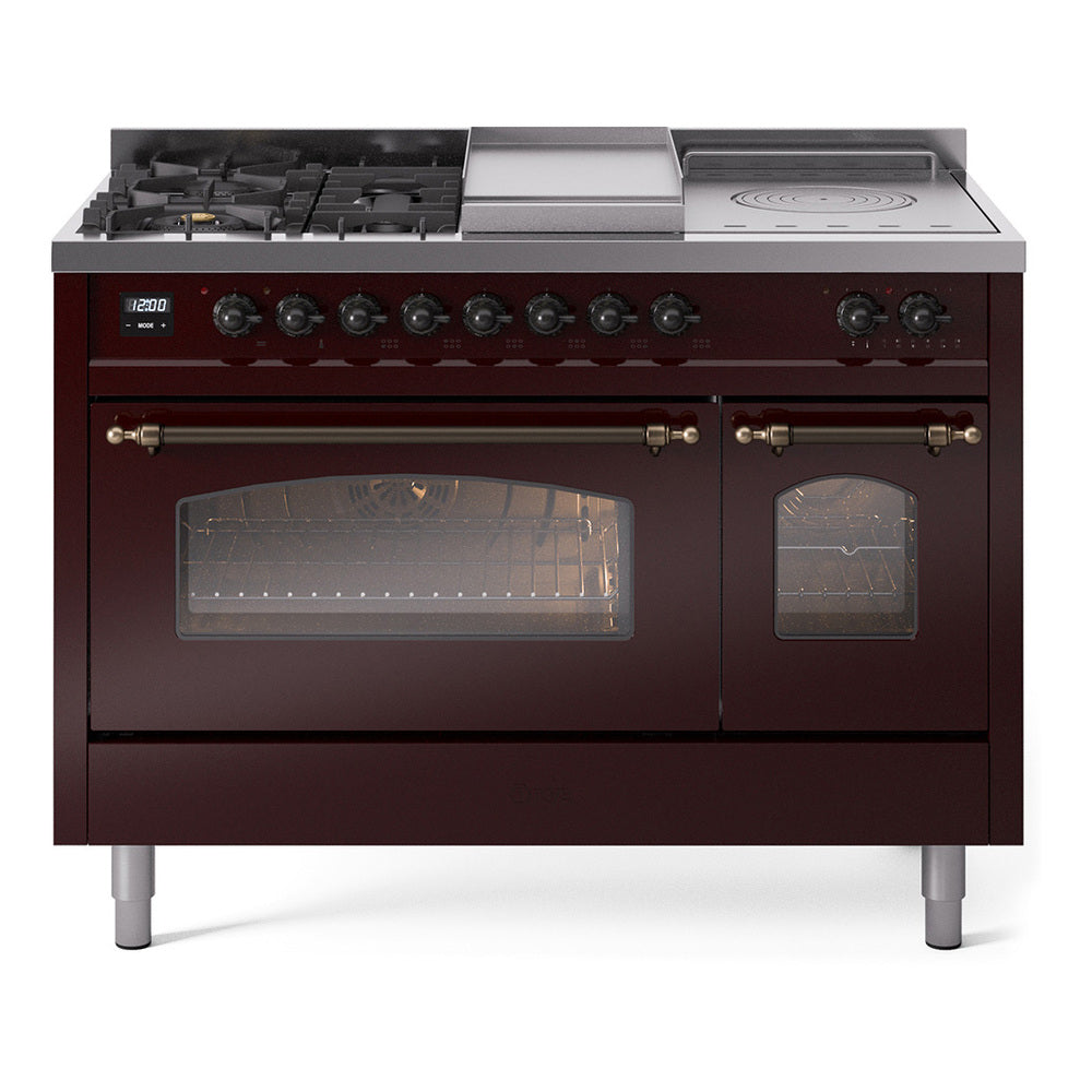 Burgundy gas range with grates and French-top style surface plus two oven doors