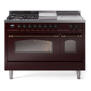 ILVE Nostalgie II 48-Inch Natural Gas Dual Fuel Range with 5 Burners, Griddle, & French Top with Triple Glass Door Oven in Burgundy with Bronze Trim (UP48FSNMPBUB)