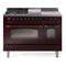 ILVE Nostalgie II 48-Inch Natural Gas Dual Fuel Range with 5 Burners, Griddle, & French Top with Triple Glass Door Oven in Burgundy with Bronze Trim (UP48FSNMPBUB)