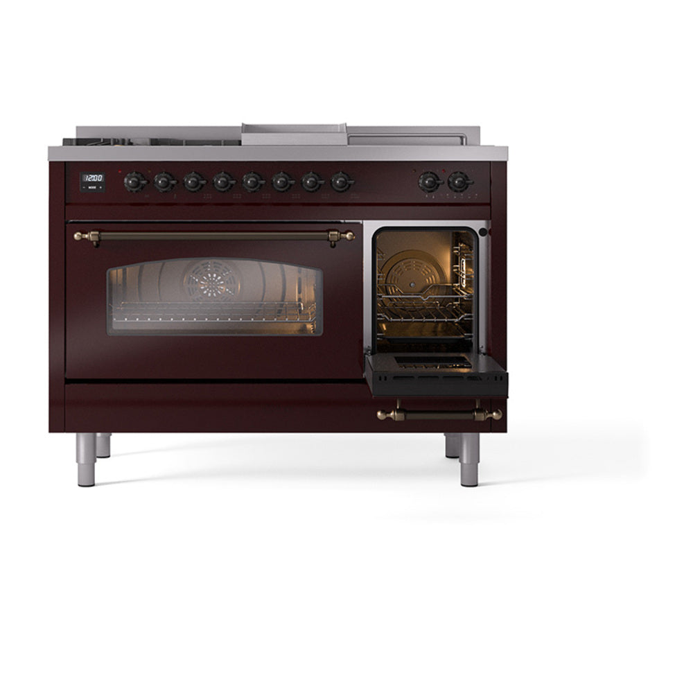 Burgundy gas range with bronze-trim control panel and oven door open, triple glass view