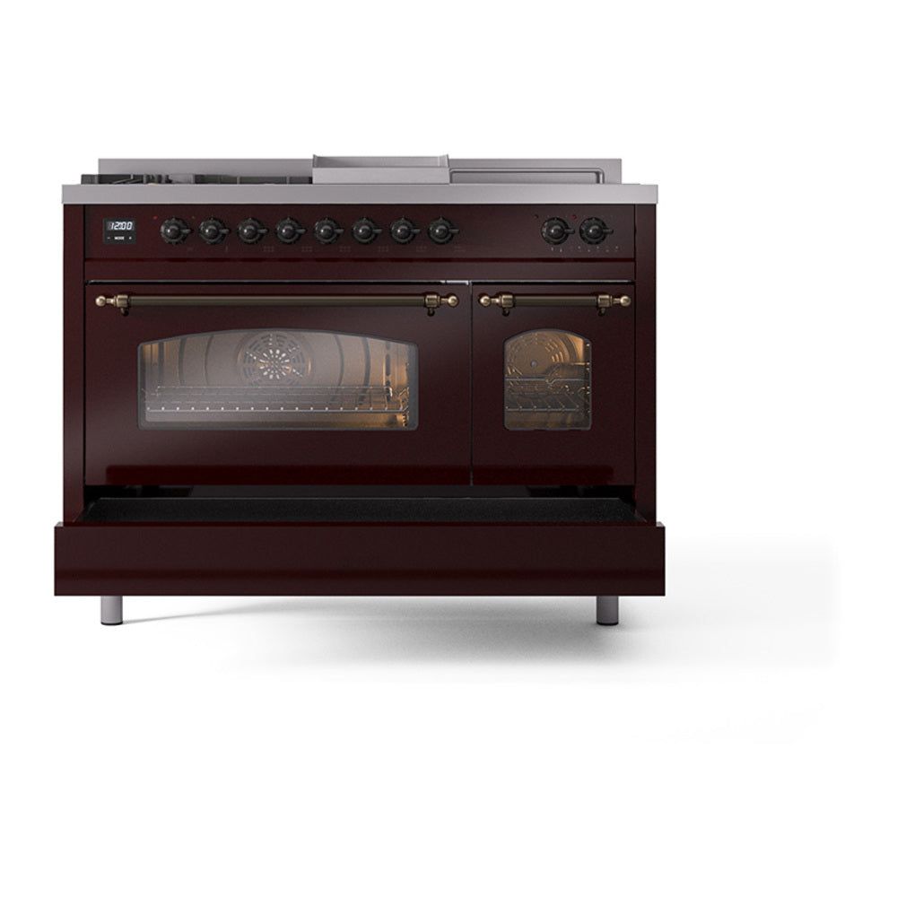 Burgundy dual-fuel gas range with both oven doors open and bronze cabinet handles