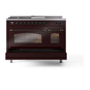 ILVE Nostalgie II 48-Inch Natural Gas Dual Fuel Range with 5 Burners, Griddle, & French Top with Triple Glass Door Oven in Burgundy with Bronze Trim (UP48FSNMPBUB)