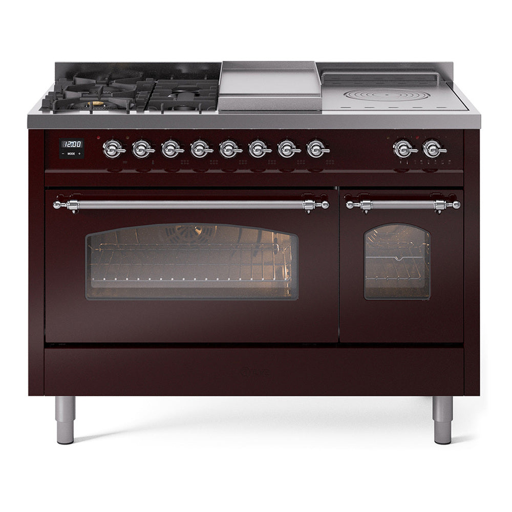 Burgundy dual fuel range with open burner griddle and dual glass oven doors.