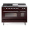 ILVE Nostalgie II 48-Inch Natural Gas Dual Fuel Range with 5 Burners, Griddle, & French Top with Triple Glass Door Oven in Burgundy with Chrome Trim (UP48FSNMPBUC)
