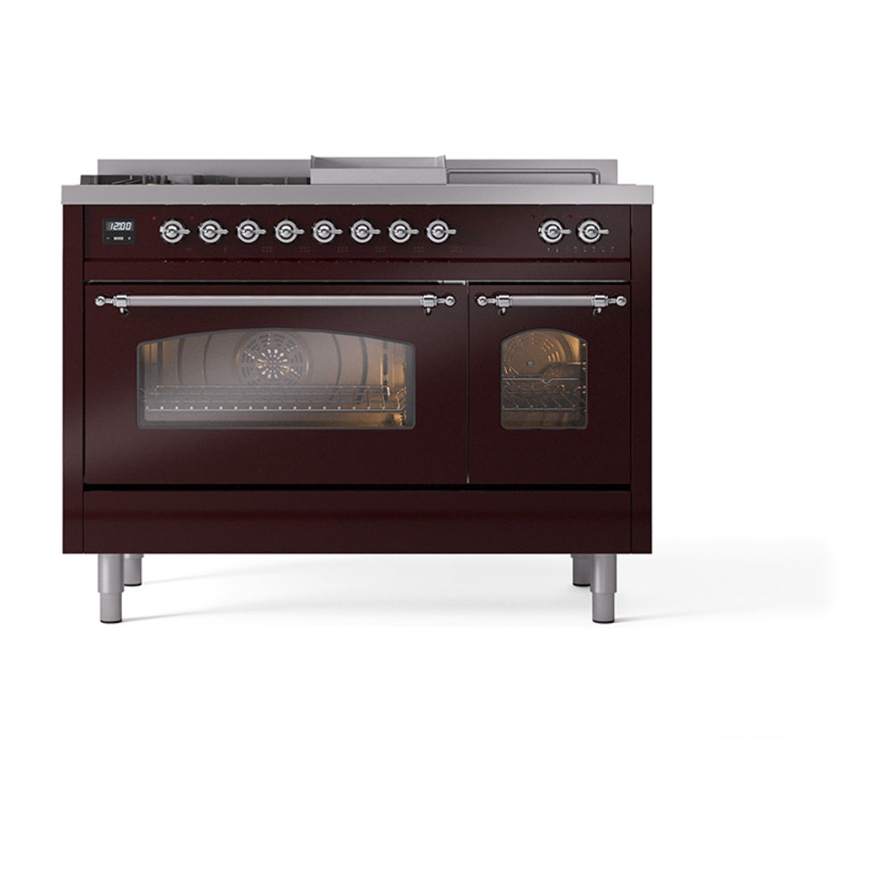 Front view of burgundy dual fuel range with chrome knobs and triple glass oven doors.