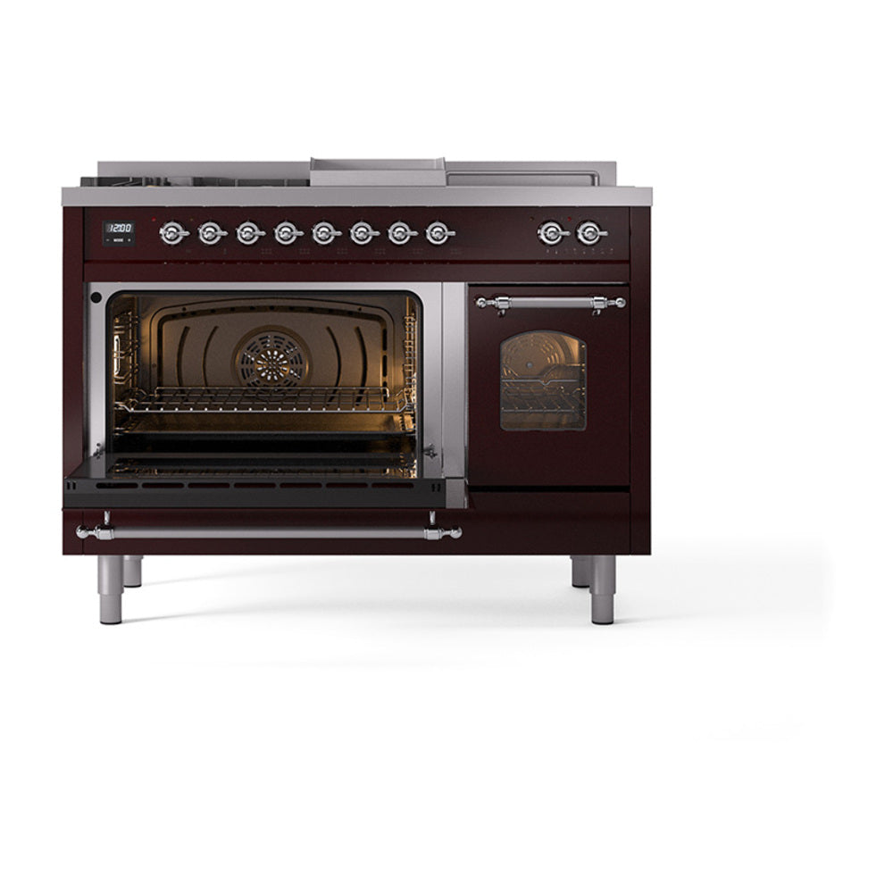 Burgundy range with front ovens open, showing interior racks and back heating element.