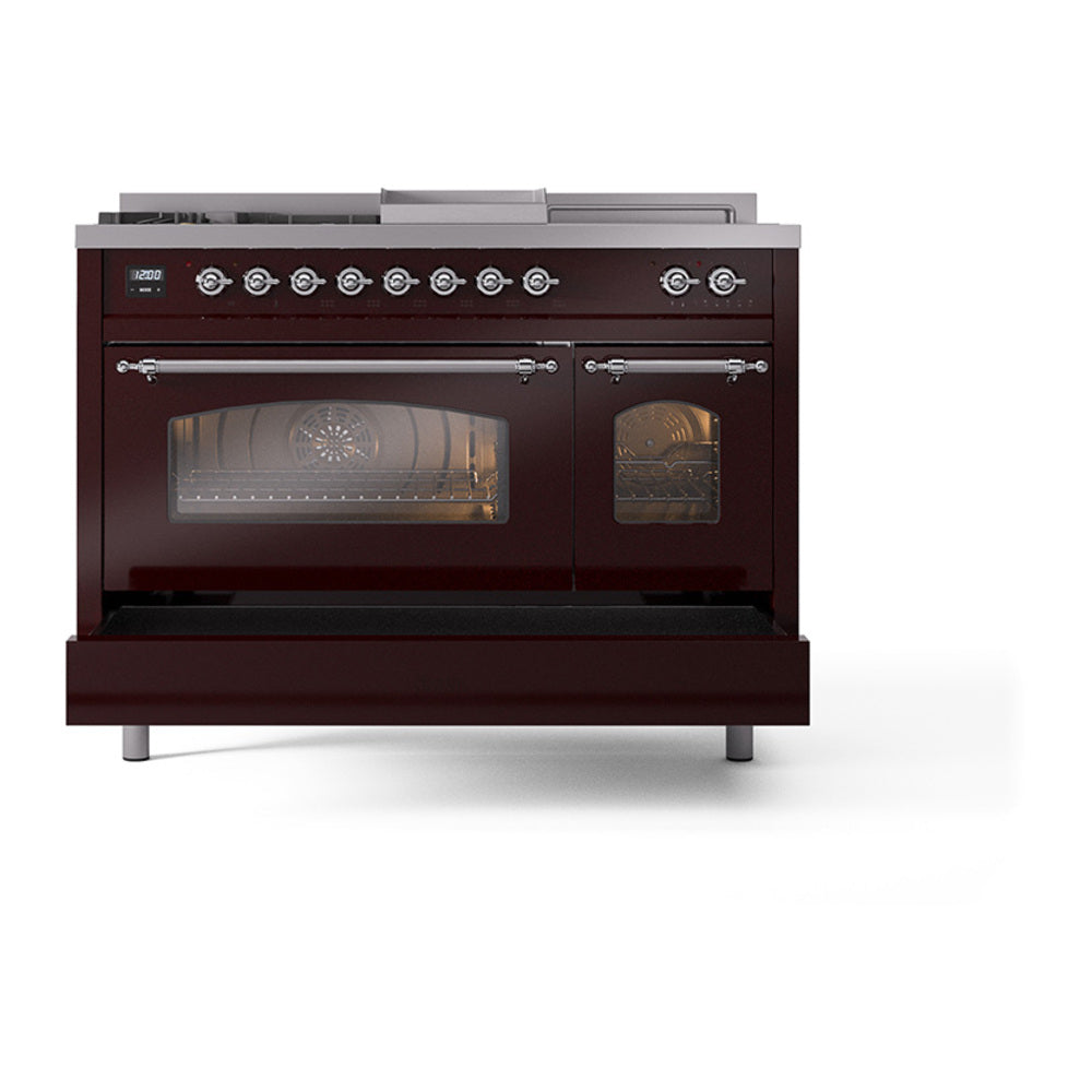 Burgundy dual fuel range with chrome trim, triple glass door ovens, and control knobs.