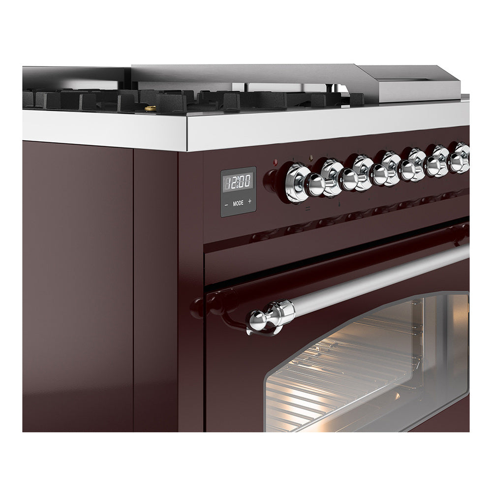 Burgundy dual fuel range control panel with chrome knobs and digital display