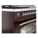ILVE Nostalgie II 48-Inch Natural Gas Dual Fuel Range with 5 Burners, Griddle, & French Top with Triple Glass Door Oven in Burgundy with Chrome Trim (UP48FSNMPBUC)