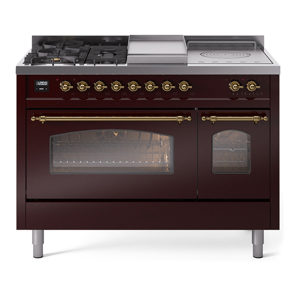Burgundy dual-fuel range with griddle and burners; oven windows visible behind doors