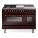ILVE Nostalgie II 48-Inch Natural Gas Dual Fuel Range with 5 Burners, Griddle, & French Top with Triple Glass Door Oven in Burgundy with Brass Trim (UP48FSNMPBUG)
