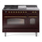 ILVE Nostalgie II 48-Inch Natural Gas Dual Fuel Range with 5 Burners, Griddle, & French Top with Triple Glass Door Oven in Burgundy with Brass Trim (UP48FSNMPBUG)