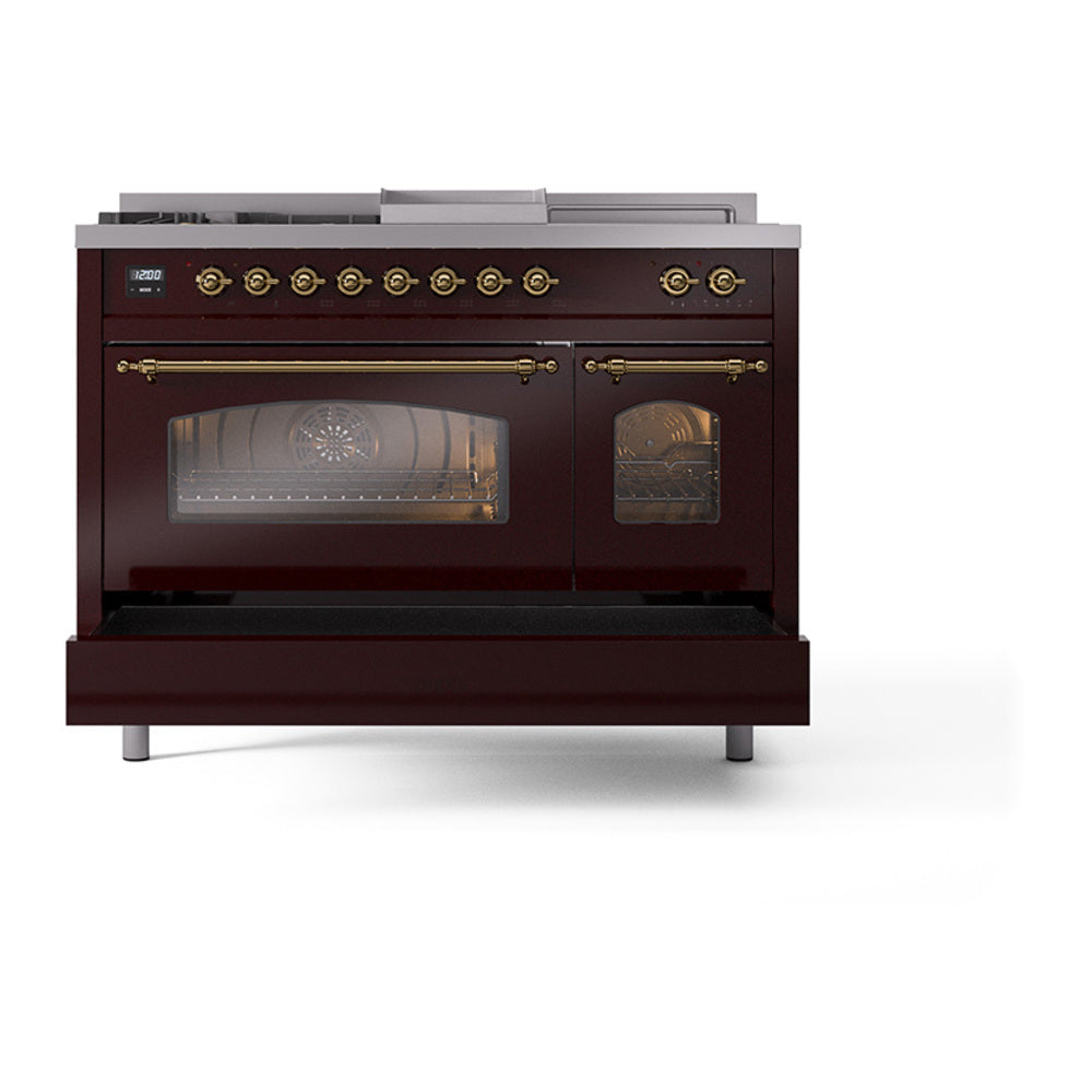 Burgundy dual-fuel range with brass-trimmed triple-glass oven door and control knobs