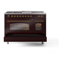 ILVE Nostalgie II 48-Inch Propane Gas Dual Fuel Range with 5 Burners, Griddle, & French Top with Triple Glass Door Oven in Burgundy with Brass Trim (UP48FSNMPBUGLP)