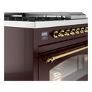ILVE Nostalgie II 48-Inch Propane Gas Dual Fuel Range with 5 Burners, Griddle, & French Top with Triple Glass Door Oven in Burgundy with Brass Trim (UP48FSNMPBUGLP)