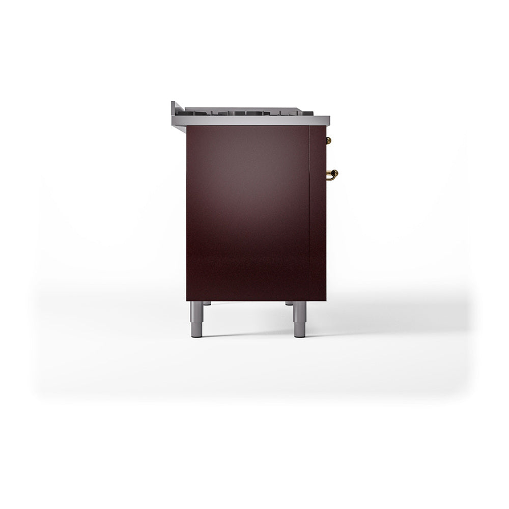 Burgundy rear side of dual-fuel gas range with stainless top and legs