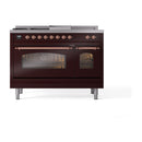 ILVE Nostalgie II 48-Inch Natural Gas Dual Fuel Range with 5 Burners, Griddle, & French Top with Triple Glass Door Oven in Burgundy with Copper Trim (UP48FSNMPBUP)