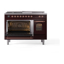 ILVE Nostalgie II 48-Inch Natural Gas Dual Fuel Range with 5 Burners, Griddle, & French Top with Triple Glass Door Oven in Burgundy with Copper Trim (UP48FSNMPBUP)