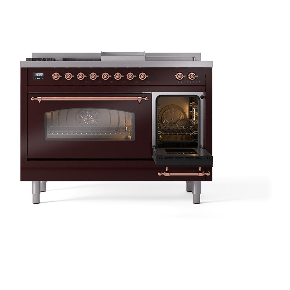 Burgundy range with right oven door open, interior racks visible; left door closed