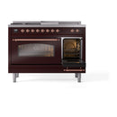 ILVE Nostalgie II 48-Inch Propane Gas Dual Fuel Range with 5 Burners, Griddle, & French Top with Triple Glass Door Oven in Burgundy with Copper Trim (UP48FSNMPBUPLP)