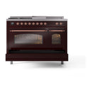 ILVE Nostalgie II 48-Inch Natural Gas Dual Fuel Range with 5 Burners, Griddle, & French Top with Triple Glass Door Oven in Burgundy with Copper Trim (UP48FSNMPBUP)