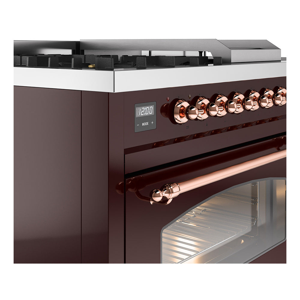 Burgundy range control panel with copper knobs, display, and oven handle detail