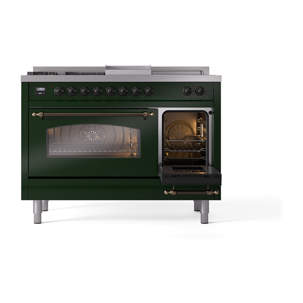 Emerald green gas range with triple-glass oven door open, bronze handles, front controls