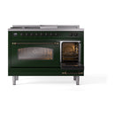 ILVE Nostalgie II 48-Inch Natural Gas Dual Fuel Range with 5 Burners, Griddle, & French Top with Triple Glass Door Oven in Emerald Green with Bronze Trim (UP48FSNMPEGB)
