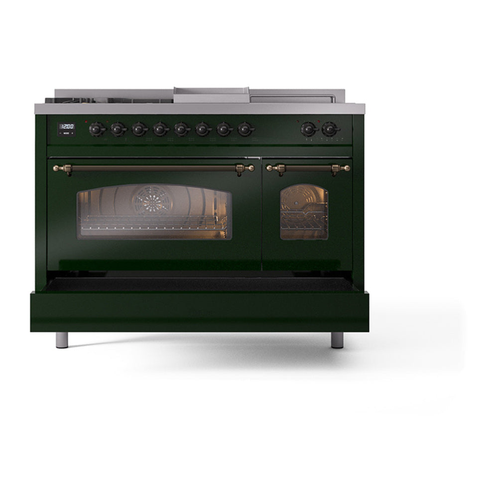 Emerald green gas range with oven doors closed, glass windows, bronze-trim handles