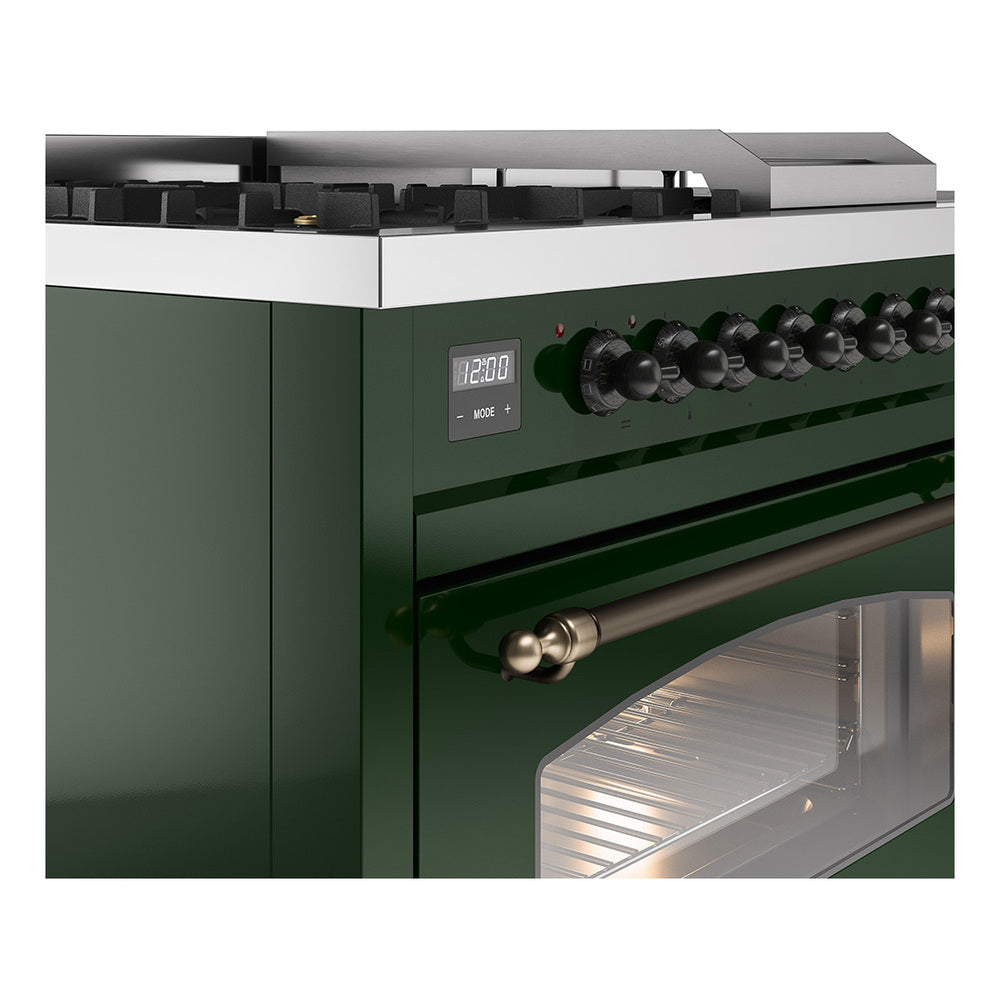 Close-up of emerald green control panel with display, burner knobs, and griddle edge
