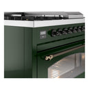 ILVE Nostalgie II 48-Inch Natural Gas Dual Fuel Range with 5 Burners, Griddle, & French Top with Triple Glass Door Oven in Emerald Green with Bronze Trim (UP48FSNMPEGB)