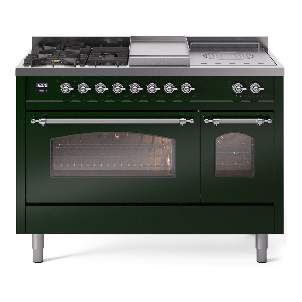 Emerald green dual fuel range with chrome knobs, 5 burners, and double glass oven doors