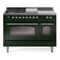 ILVE Nostalgie II 48-Inch Natural Gas Dual Fuel Range with 5 Burners, Griddle, & French Top with Triple Glass Door Oven in Emerald Green with Chrome Trim (UP48FSNMPEGC)