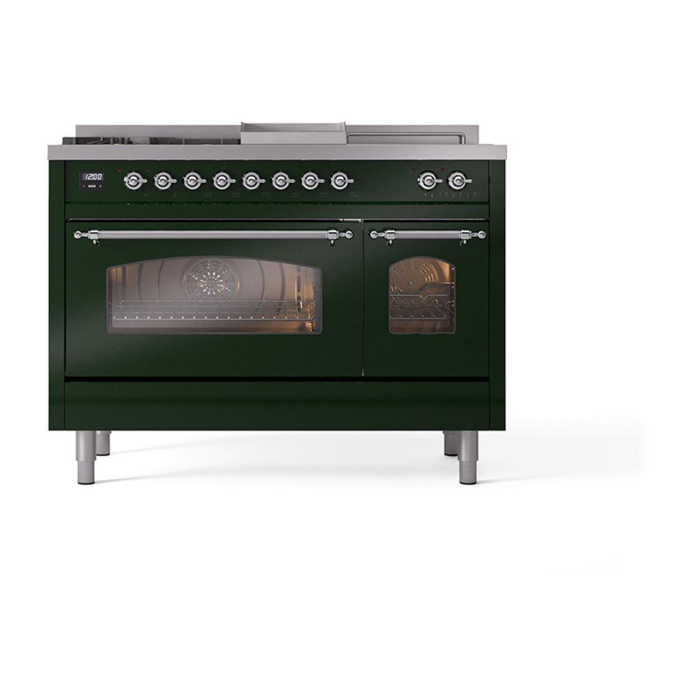 Emerald green dual fuel gas range with chrome knobs and dual glass oven doors closed