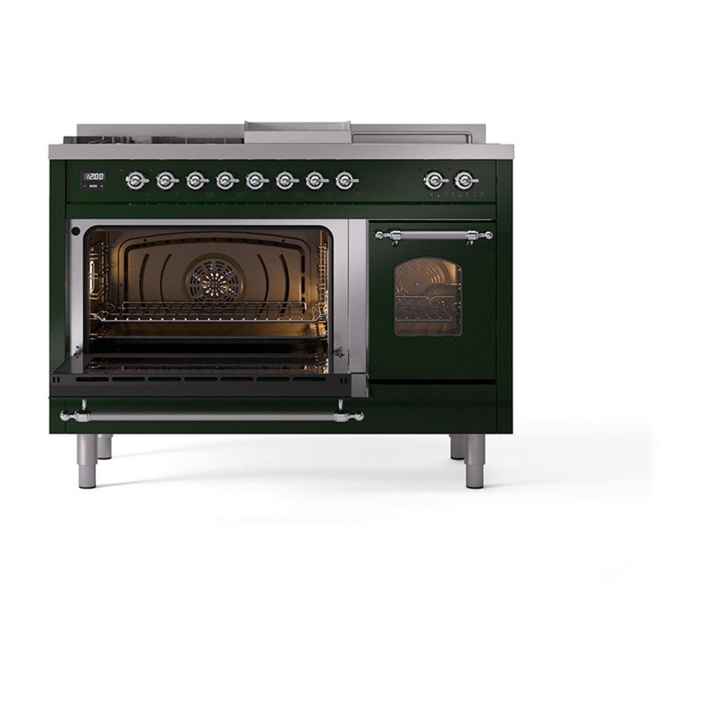 Emerald green gas range with left oven door open, right oven door closed, chrome knobs