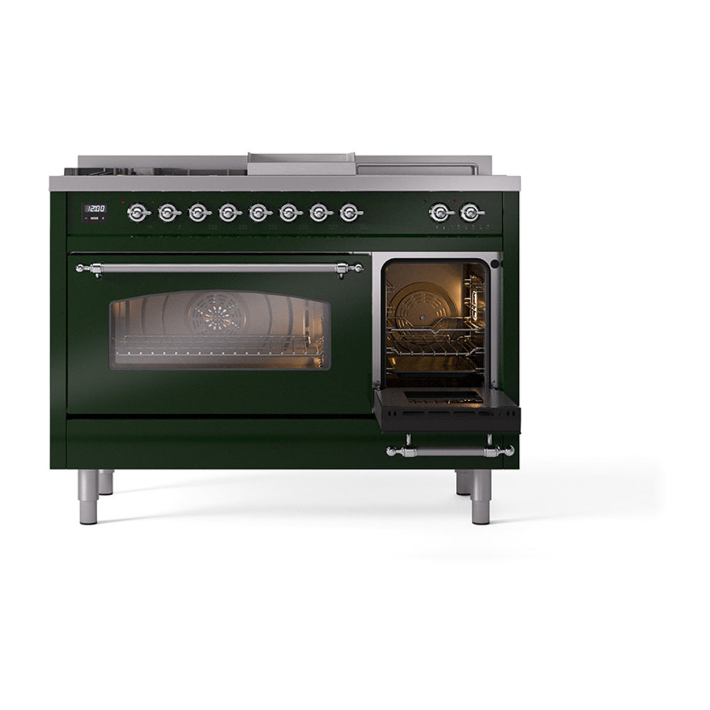 Emerald green dual fuel range with oven doors open, showing one lit oven and warming cavity