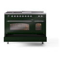 ILVE Nostalgie II 48-Inch Natural Gas Dual Fuel Range with 5 Burners, Griddle, & French Top with Triple Glass Door Oven in Emerald Green with Chrome Trim (UP48FSNMPEGC)
