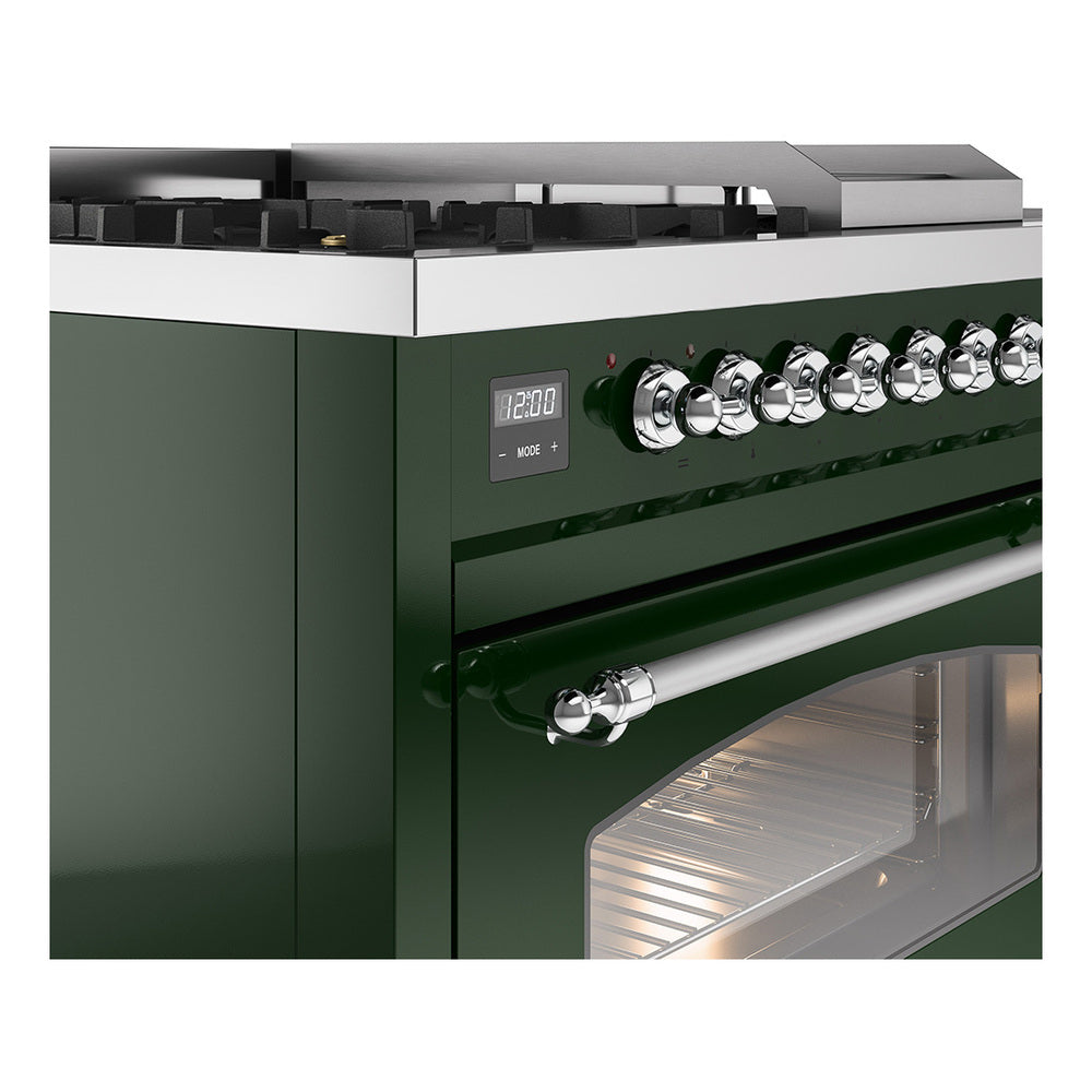 Emerald green gas range side close-up with chrome knobs, digital display, and open oven