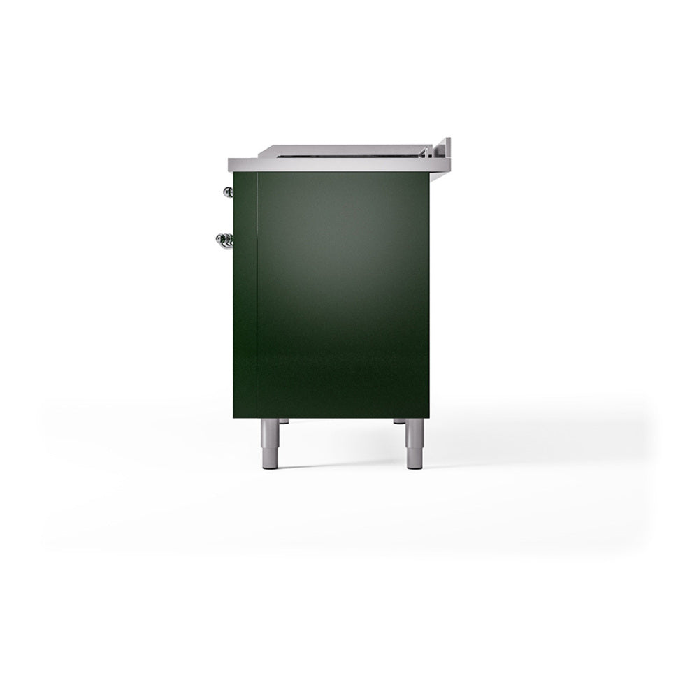 Emerald green gas range opposite side panel with chrome hardware and leveling feet
