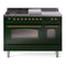 ILVE Nostalgie II 48-Inch Natural Gas Dual Fuel Range with 5 Burners, Griddle, & French Top with Triple Glass Door Oven in Emerald Green with Brass Trim (UP48FSNMPEGG)