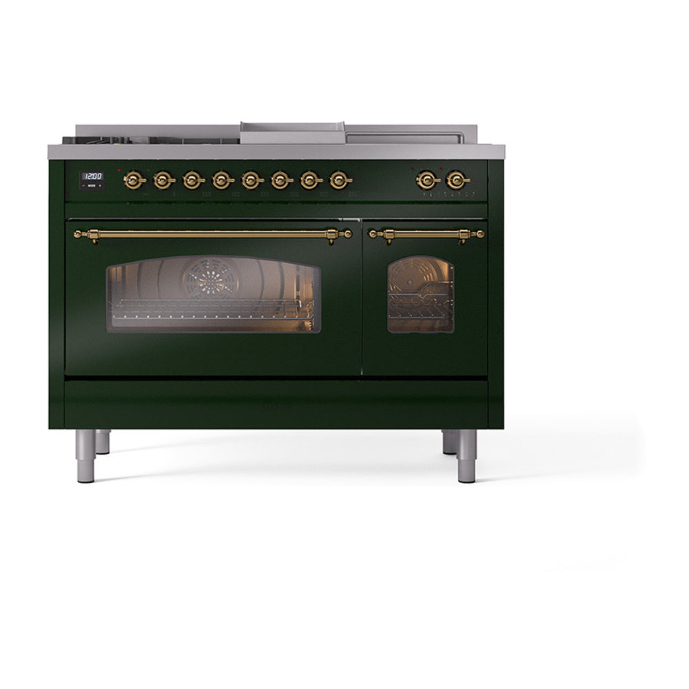 Front view of emerald green range with brass control panel, oven doors closed
